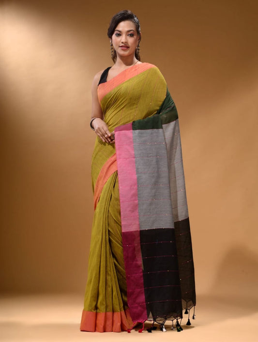 Olive Green Color Block Soft Khadi Cotton Saree