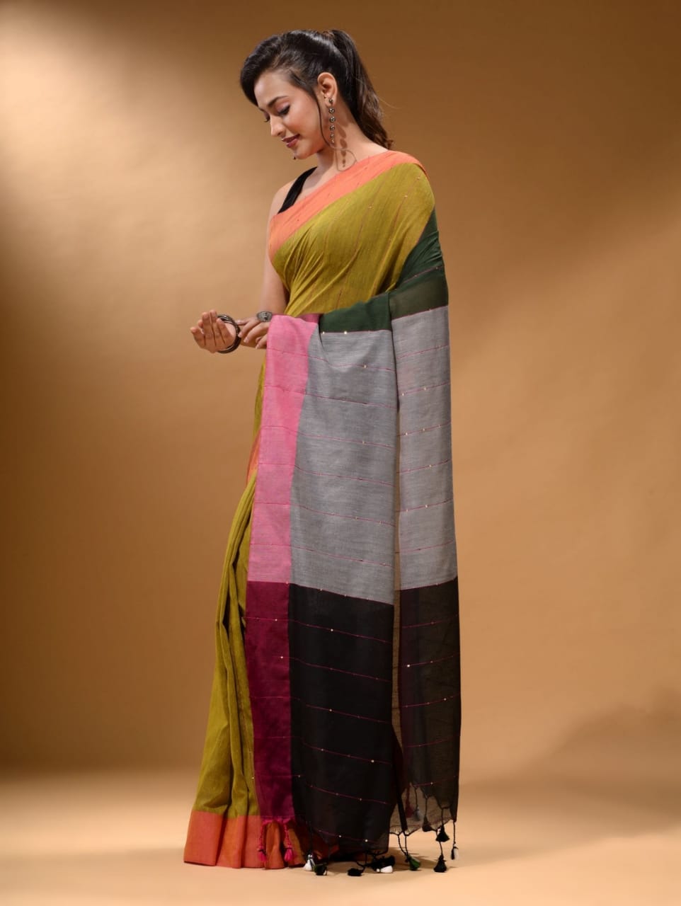 Olive Green Color Block Soft Khadi Cotton Saree