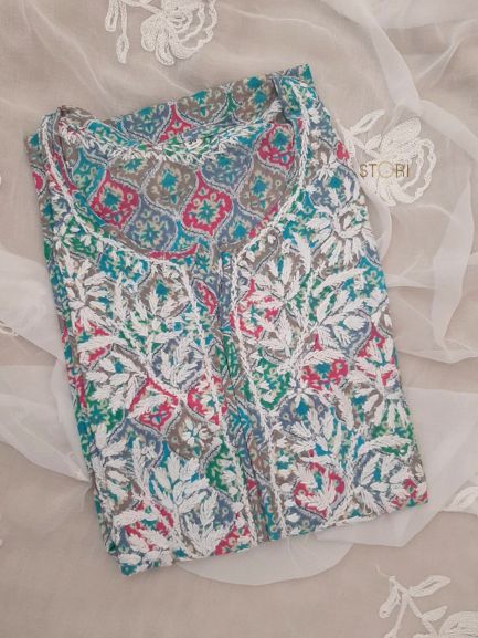 Pattern Printed Mulmul Cotton Chikankari Kurti