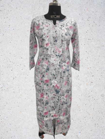 Niha Printed Floral Cotton Mulmul Chikankari Kurti & Palazzo Set