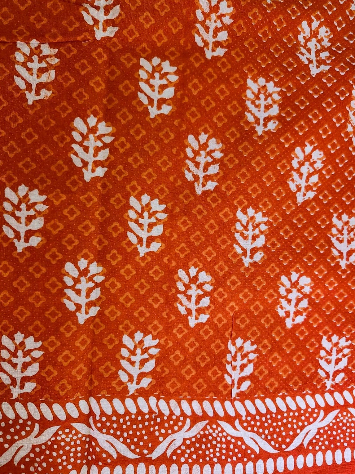 Deep Orange Floral Printed Cotton Mulmul Saree