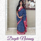 Indigo & Red Block Printed Handloom Cotton Mulmul Saree