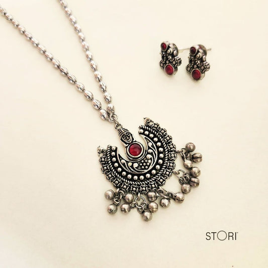 Taksha Devi Pendant Oxidised Long Necklace Set