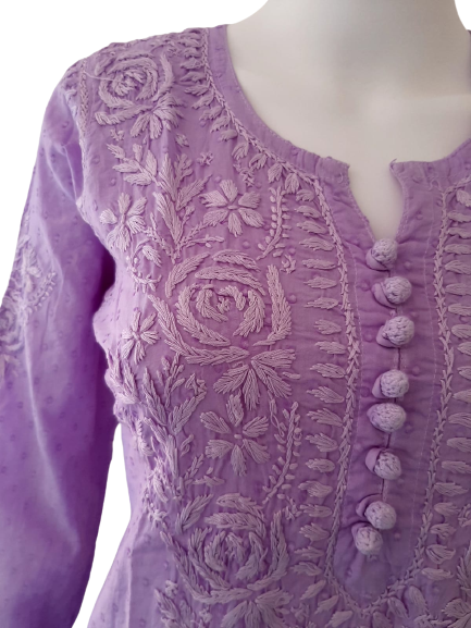 Lavender Purple Ombre Shaded Soft Dobby Cotton Chikankari Kurti