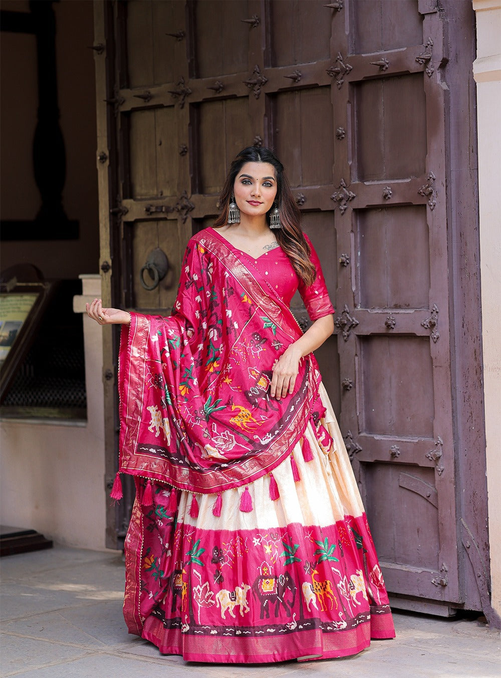  Printed Patola Dola Silk Lehenga Choli Set With Foil Work