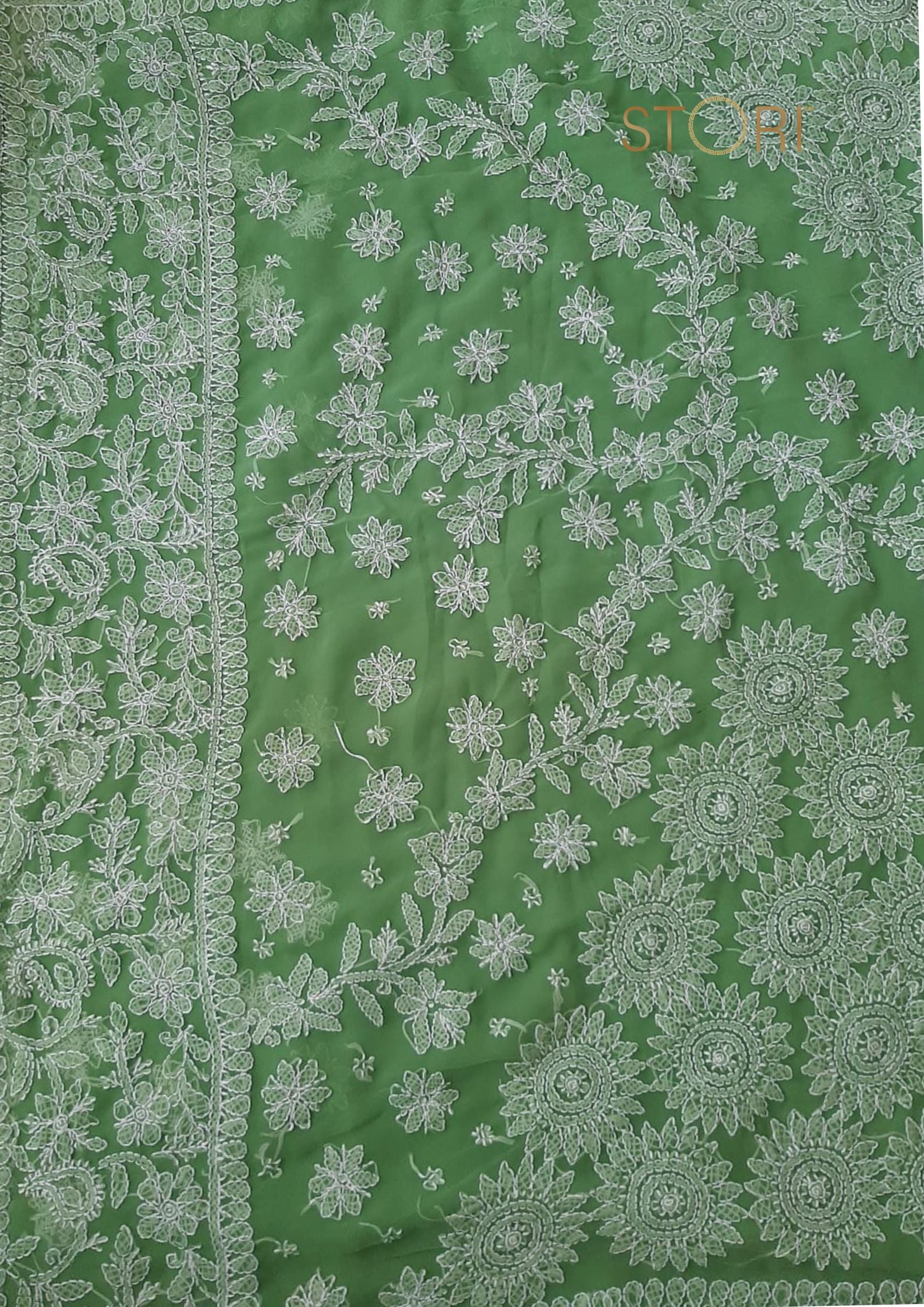 Fern Green Surya Hand Embroidered Lucknowi Chikankari Saree