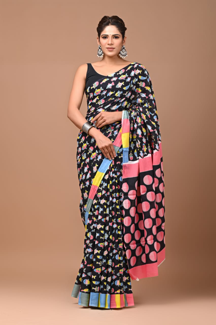 Jal Ki Rani Printed Handloom Cotton Mulmul Saree