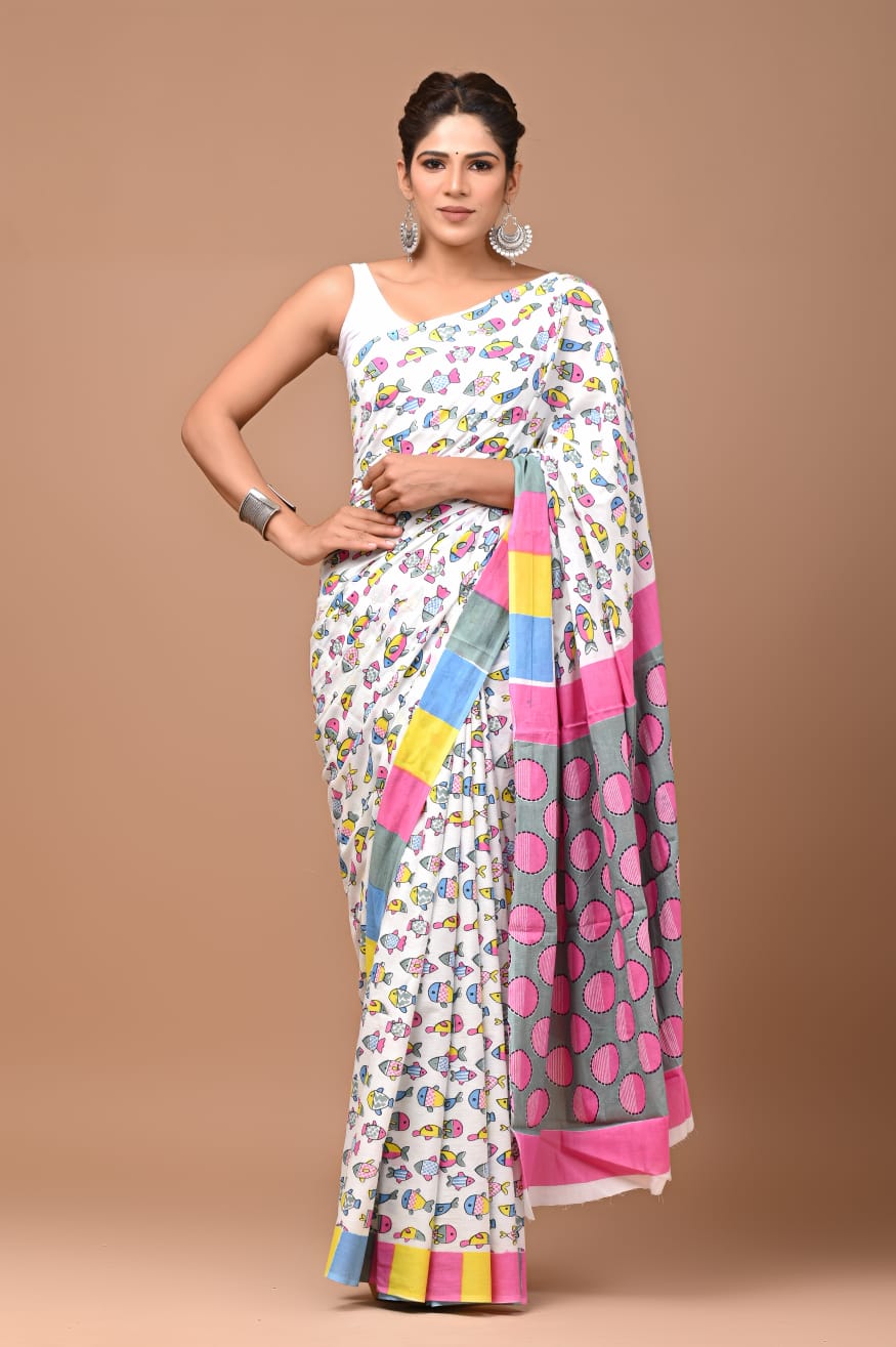 Jal Ki Rani Printed Handloom Cotton Mulmul Saree