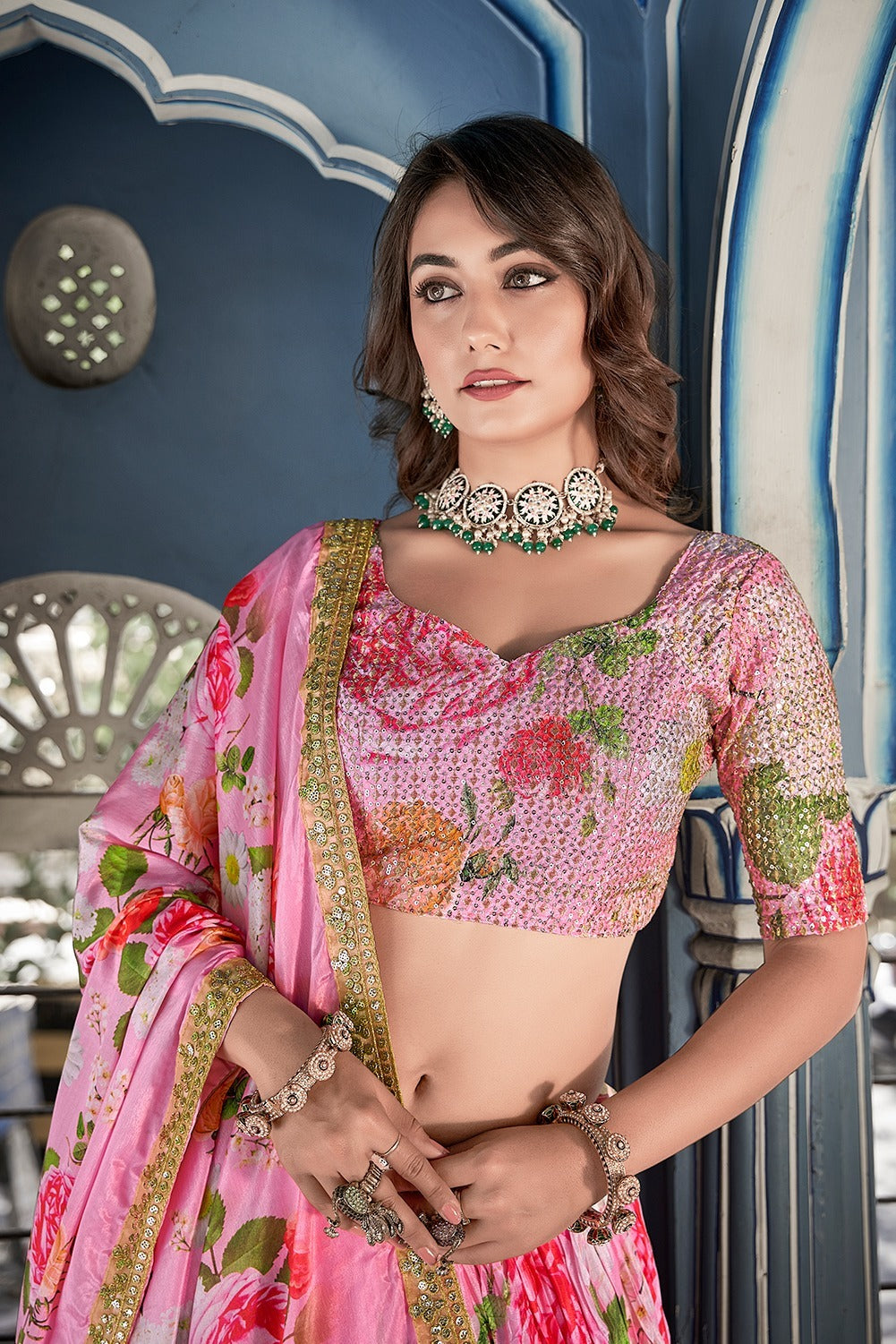 Pink Digital Printed Crushed Chinon Lehenga Choli Set With Sequins