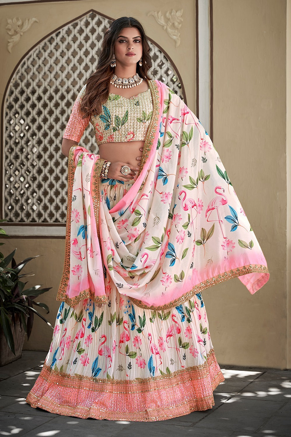 Off White Digital Printed Crushed Chinon Lehenga Choli Set With Sequins