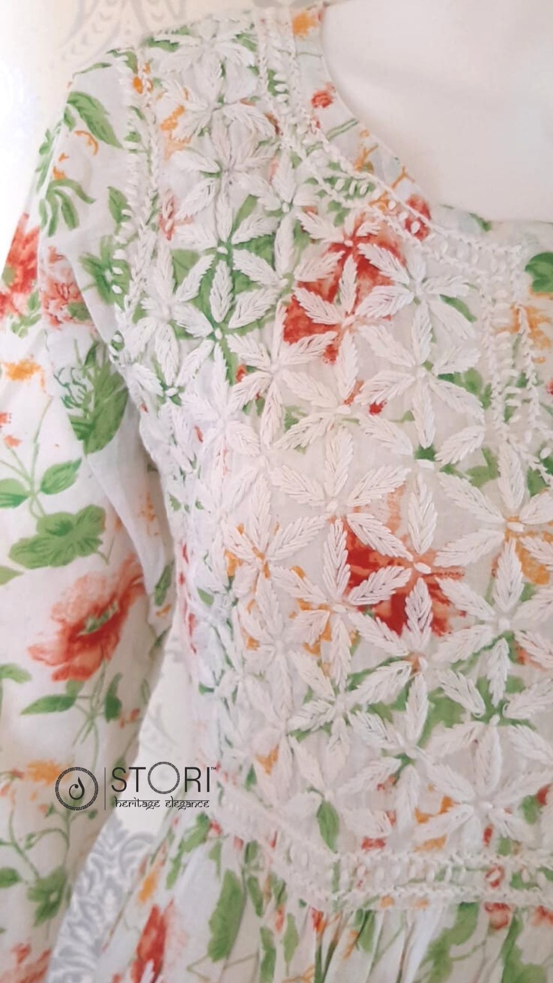 Floral Printed Cotton Mulmul Chikankari Short Kurti