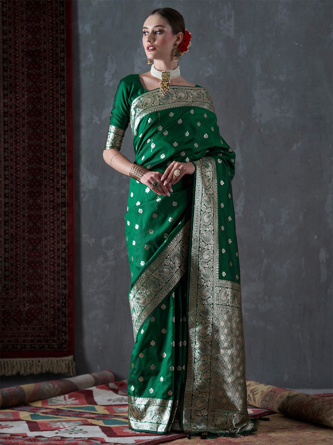 Forest Green Zari Woven Silk Saree