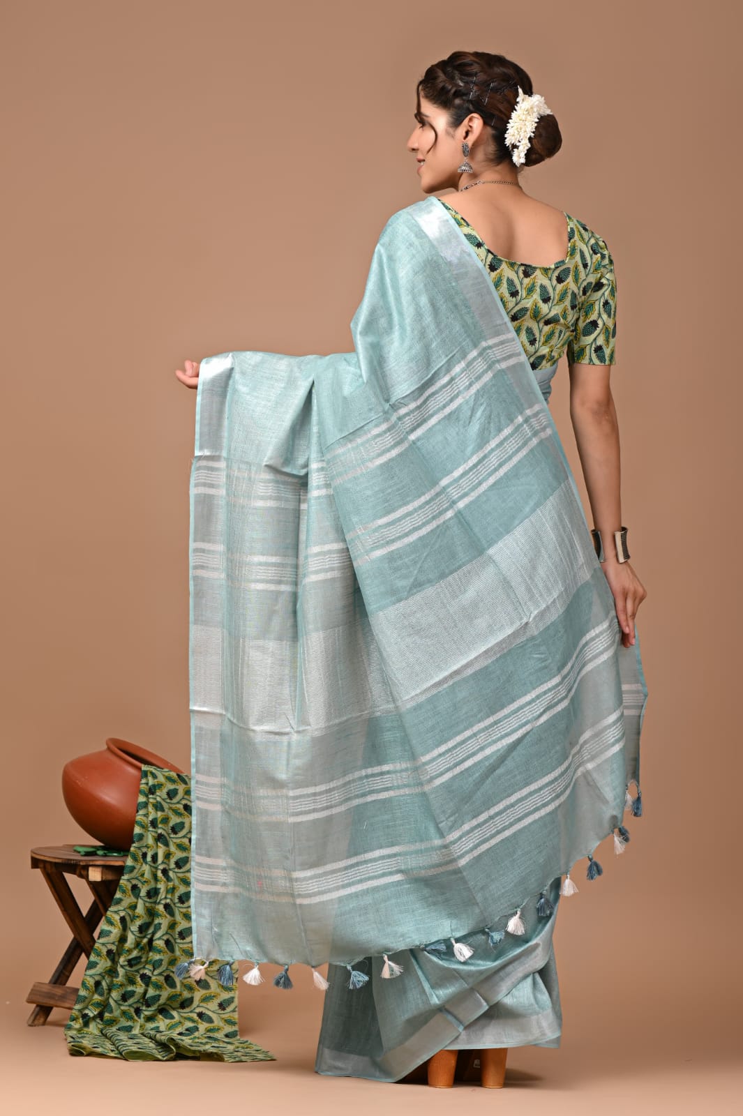 Grey Linen Saree With Extra Ajrakh Printed Blouse