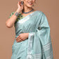 Grey Linen Saree With Extra Ajrakh Printed Blouse