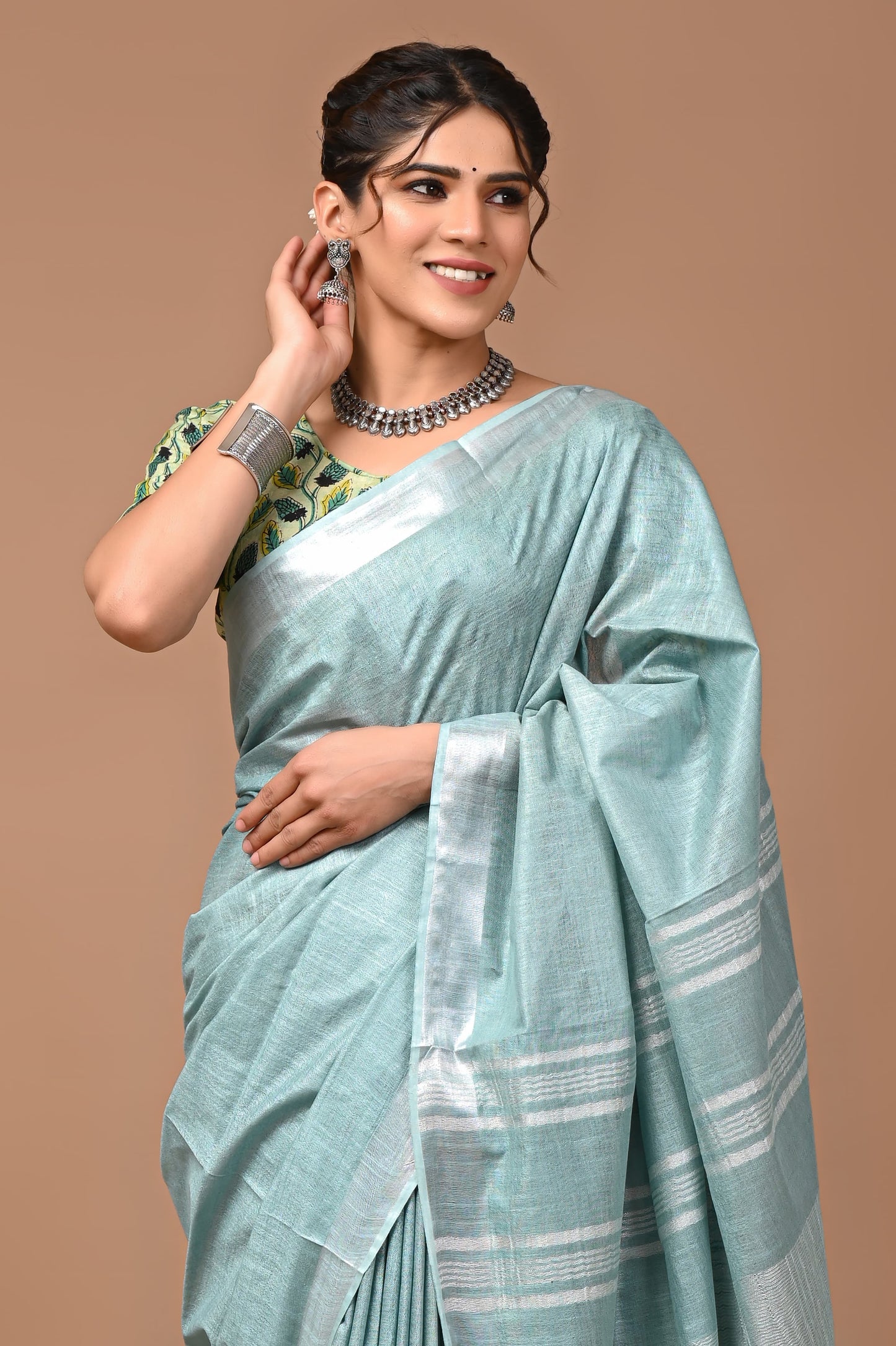 Grey Linen Saree With Extra Ajrakh Printed Blouse