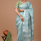 Grey Linen Saree With Extra Ajrakh Printed Blouse