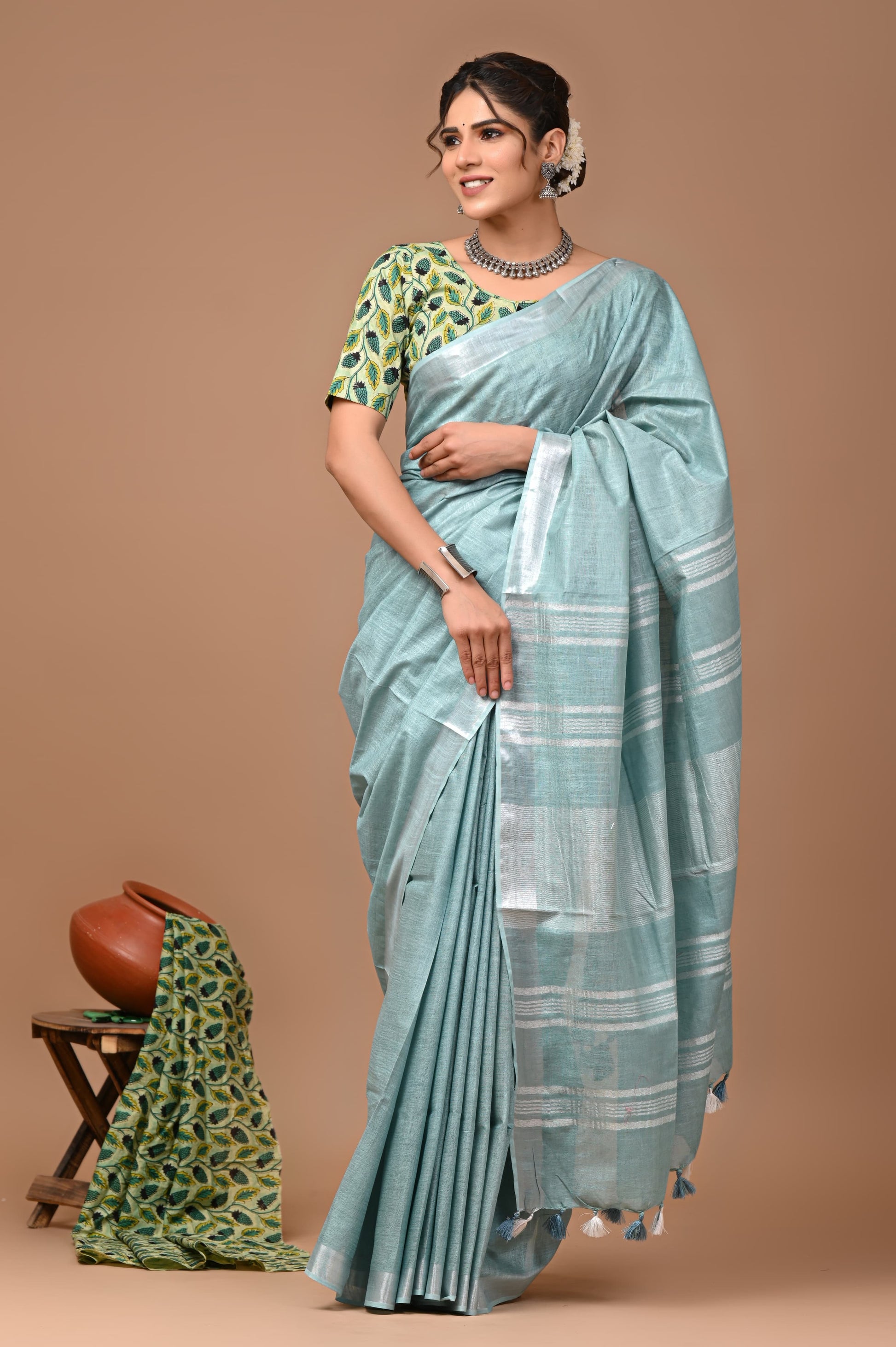 Grey Linen Saree With Extra Ajrakh Printed Blouse