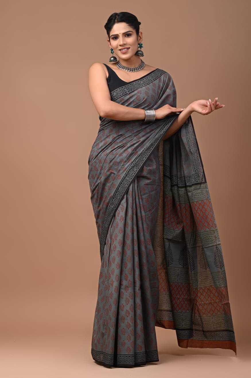 Grey Handloom Cotton Mulmul Saree Online-STORI