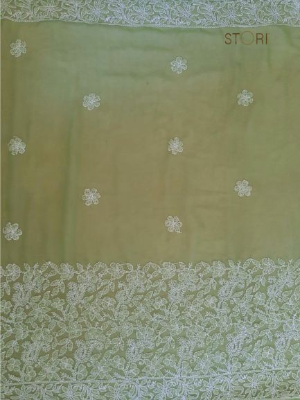 Pista Green Adah Half Jaal Hand Embroidered Lucknowi Chikankari Saree