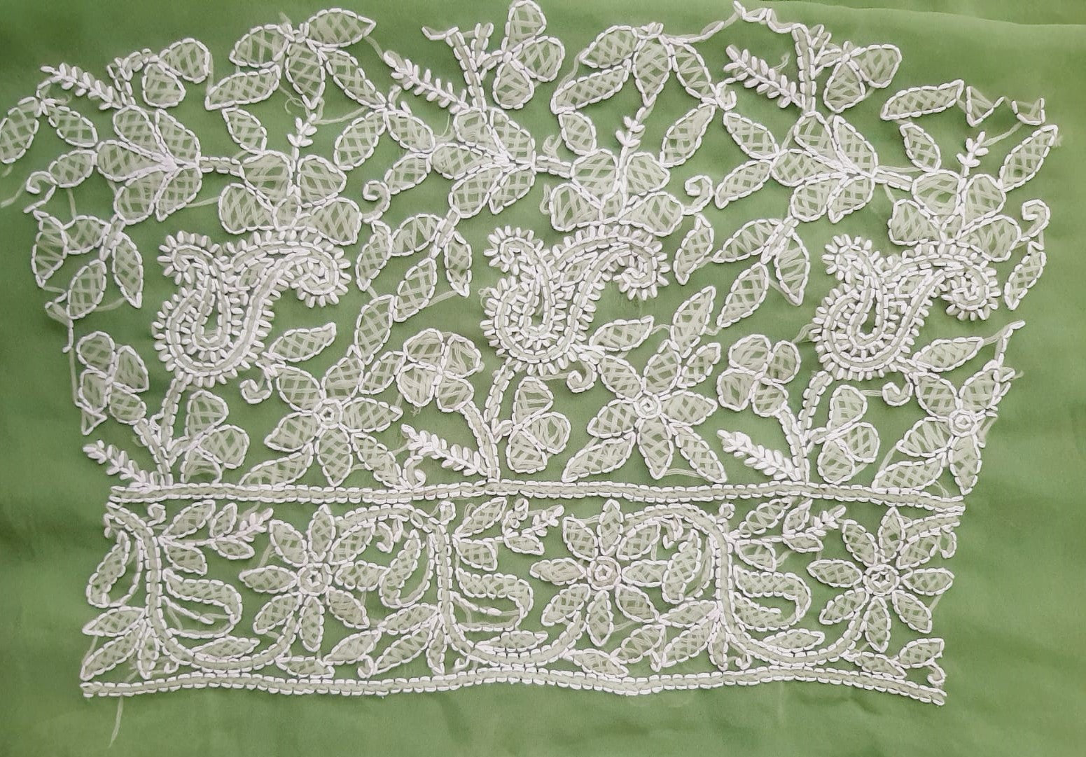 Pista Green Adah Half Jaal Hand Embroidered Lucknowi Chikankari Saree