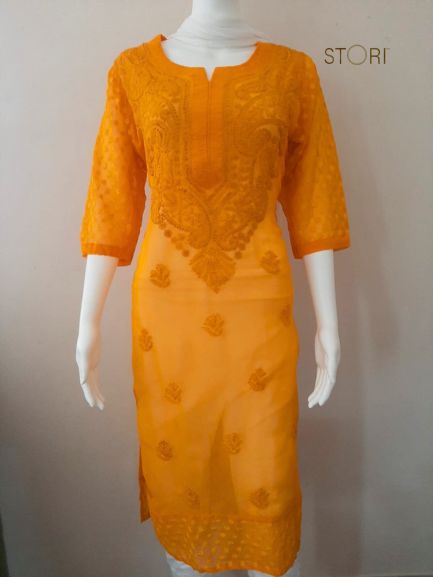 Havoka Mustard Yellow Georgette Tone-to-Tone Chikankari Kurti With Inner