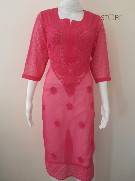 Havoka Rani Pink Georgette Tone-to-Tone Chikankari Kurti With Inner