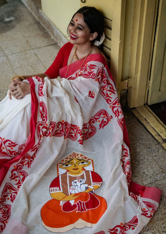 Durga Red & White Handloom Cotton Saree