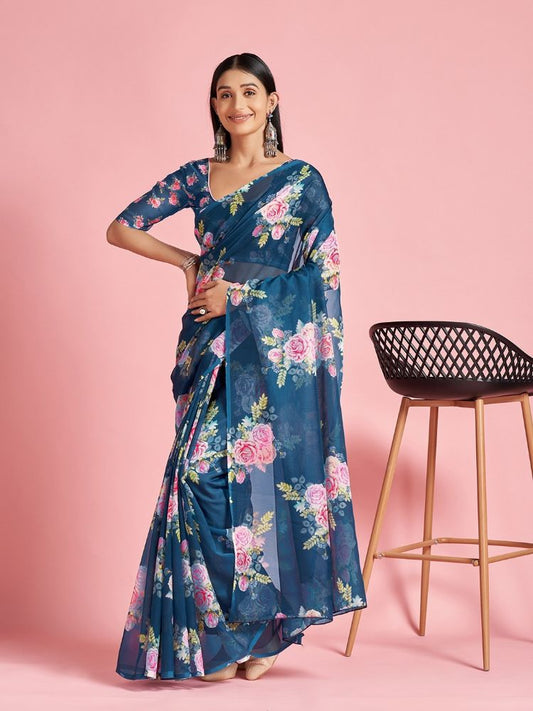 Yale Blue Floral Printed Organza Silk Saree