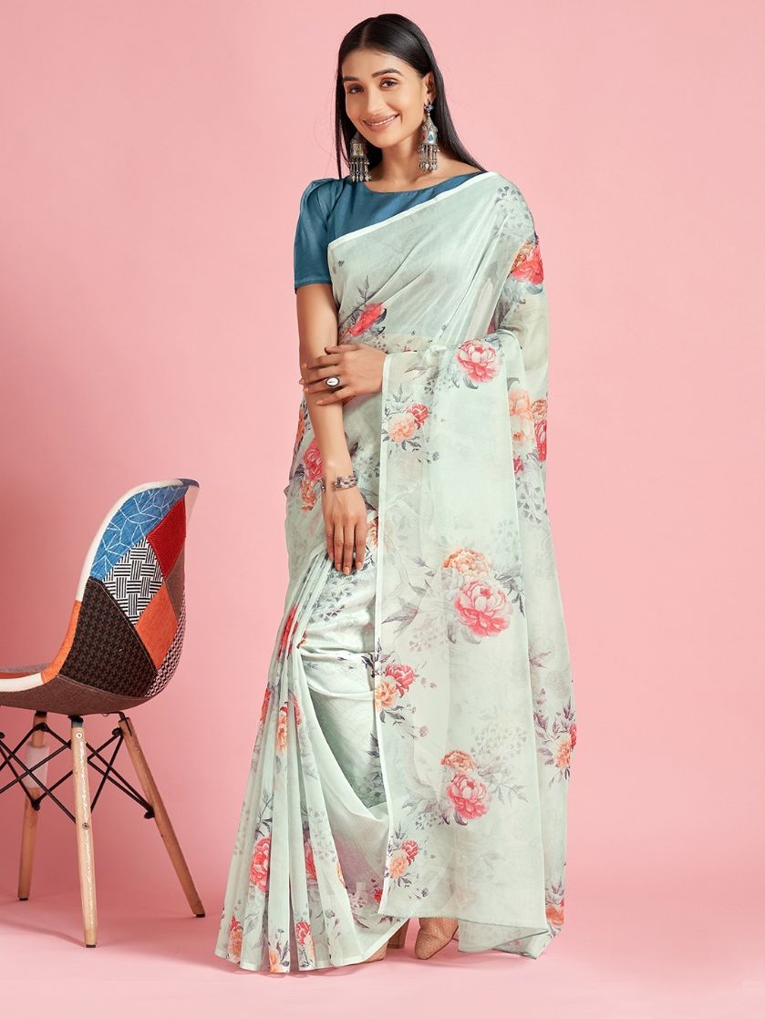 Panache Green Floral Printed Organza Silk Saree