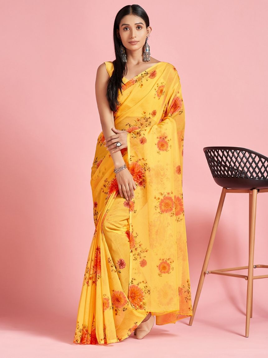 Marigold Orange Floral Printed Organza Silk Saree