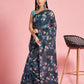 Yale Blue Floral Printed Organza Silk Saree