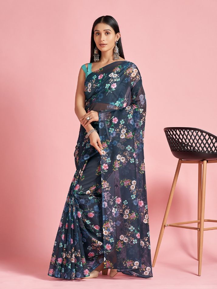 Yale Blue Floral Printed Organza Silk Saree