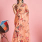 Cantaloupe Orange Floral Printed Organza Silk Saree