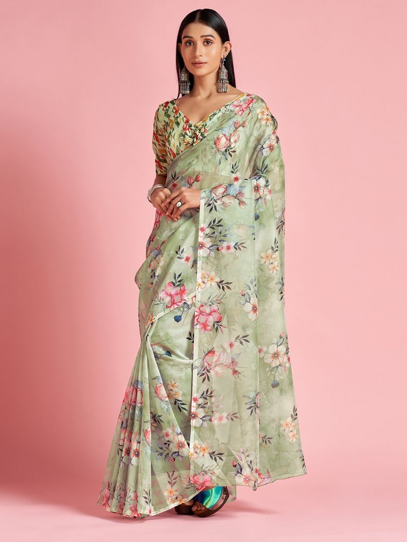 Laurel Green Floral Printed Organza Silk Saree