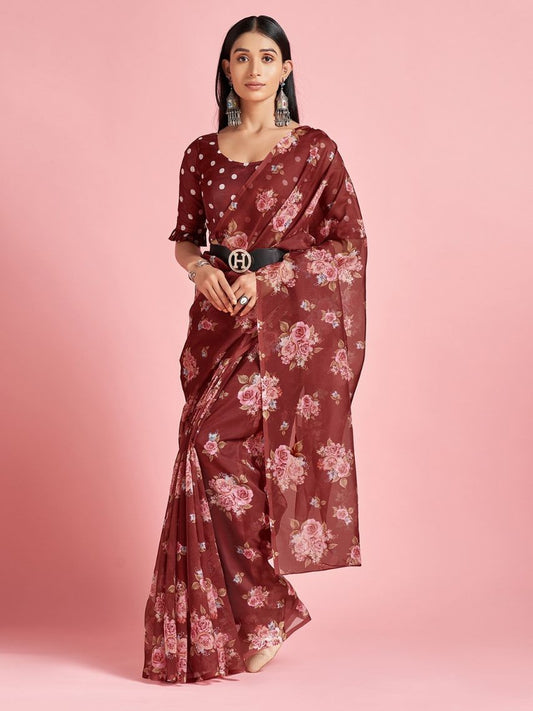 Brick Red Floral Printed Organza Silk Saree