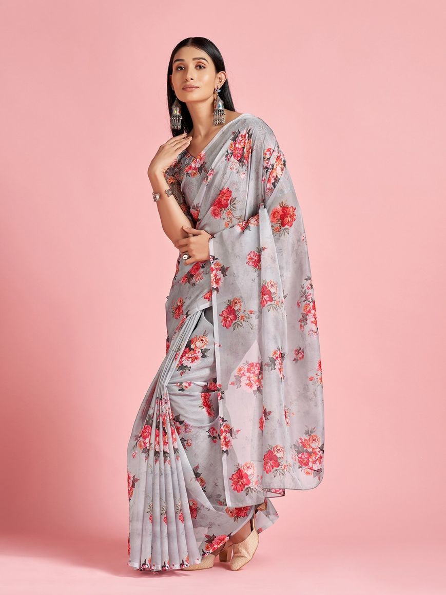 Light Grey Floral Printed Organza Silk Saree