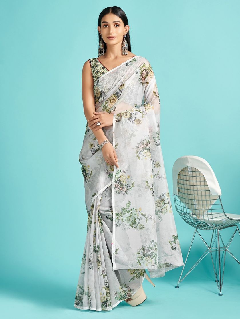 Snow White Floral Printed Organza Silk Saree