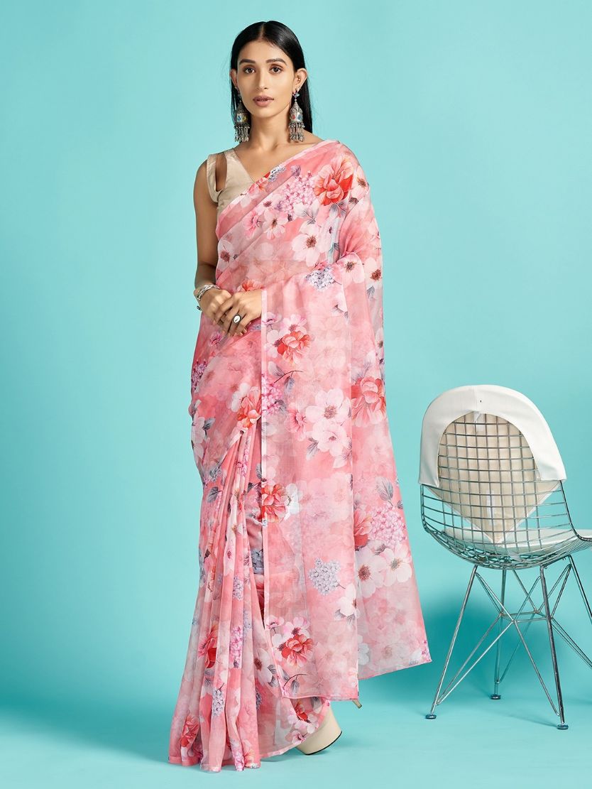 Salmon Pink Floral Printed Organza Silk Saree