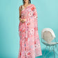 Salmon Pink Floral Printed Organza Silk Saree