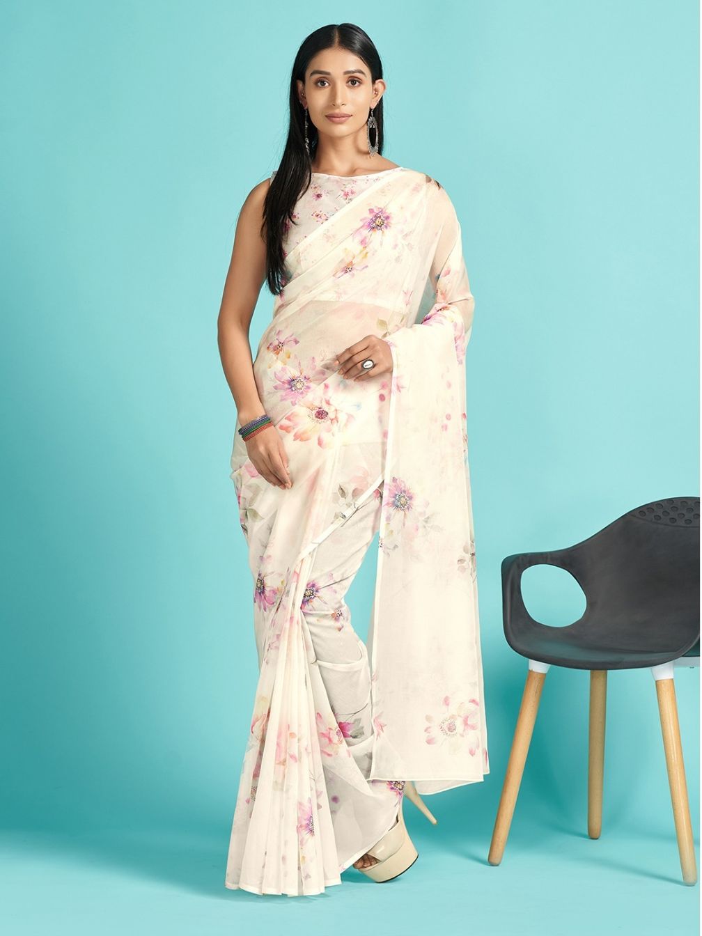 Cosmic Latte White Floral Printed Organza Silk Saree