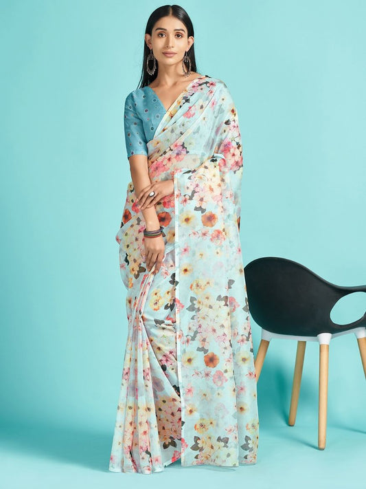 Light Turquoise Floral Printed Organza Silk Saree