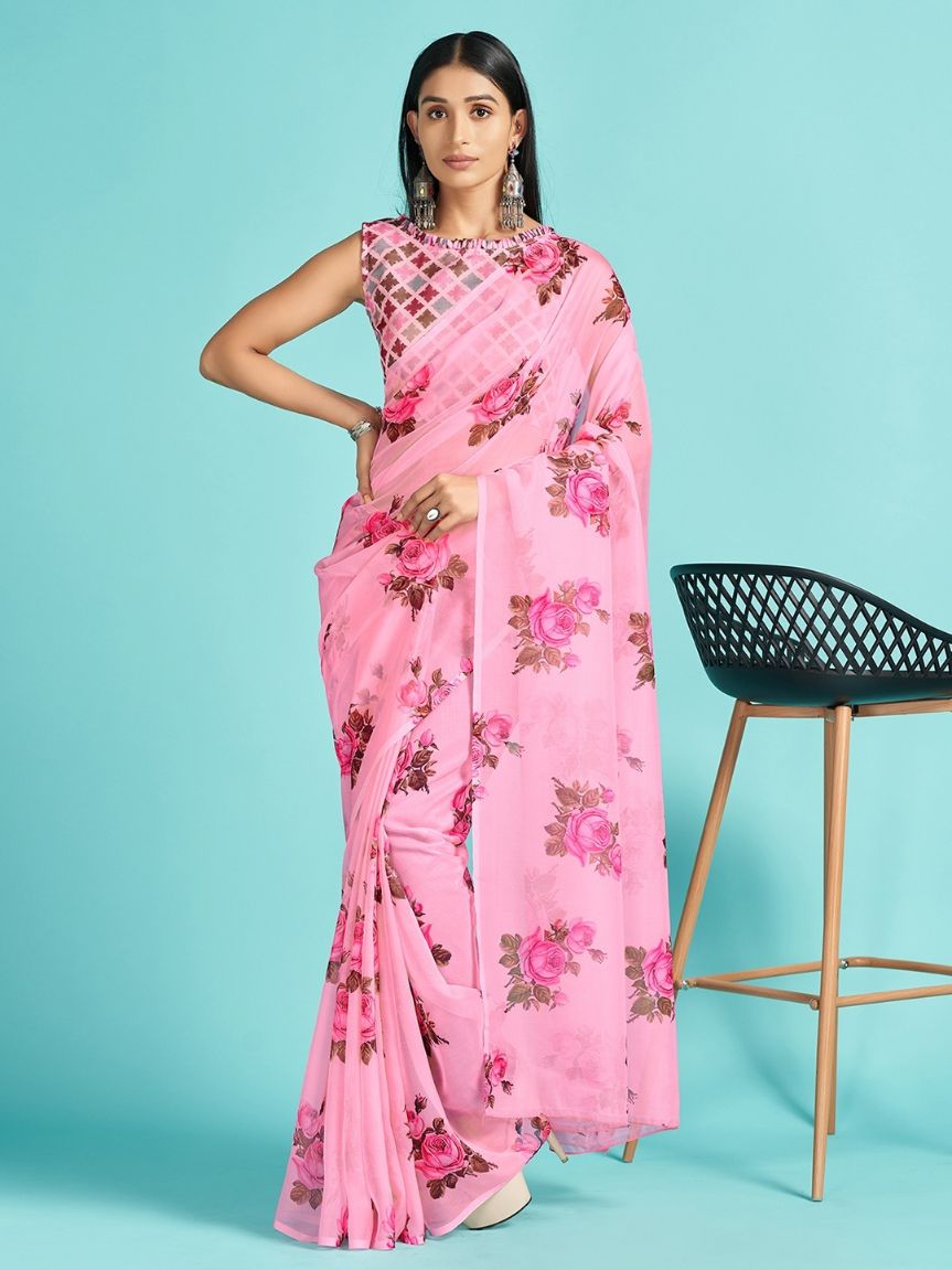 Carnation Pink Floral Printed Organza Silk Saree