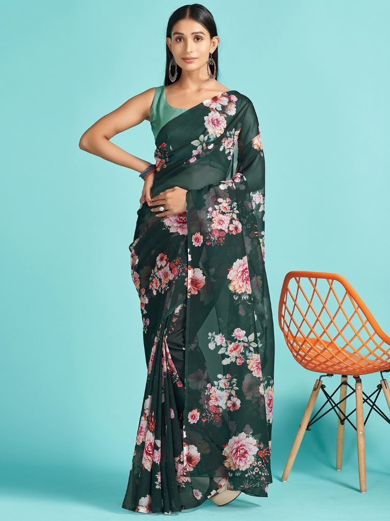 Jungle Green Floral Printed Organza Silk Saree