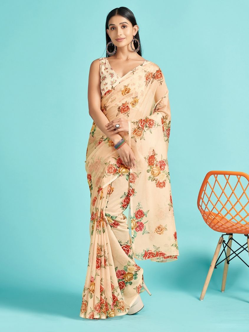 Light Peach Floral Printed Organza Silk Saree