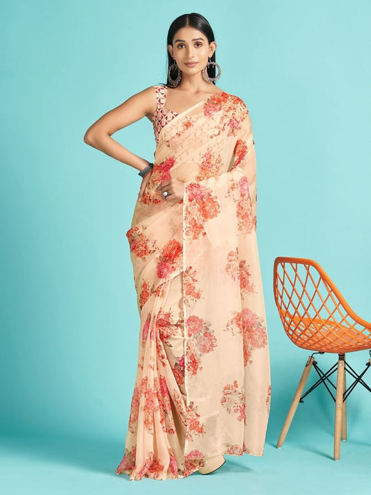 Light Beige Floral Printed Organza Silk Saree