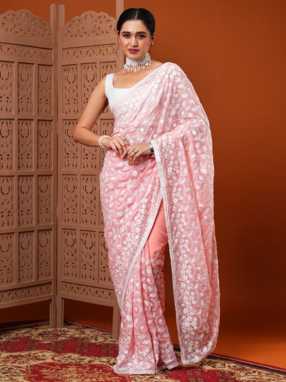 Light Pink Embroidered Organza Silk Saree