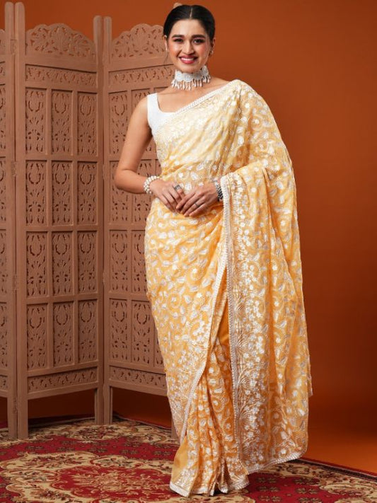 Yellow Embroidered Organza Silk Saree