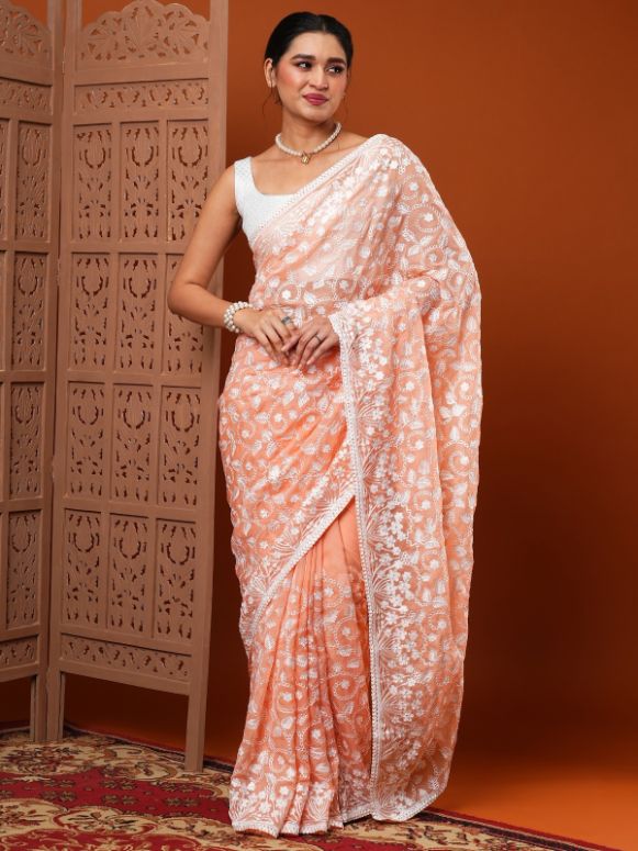 Peach Embroidered Organza Silk Saree