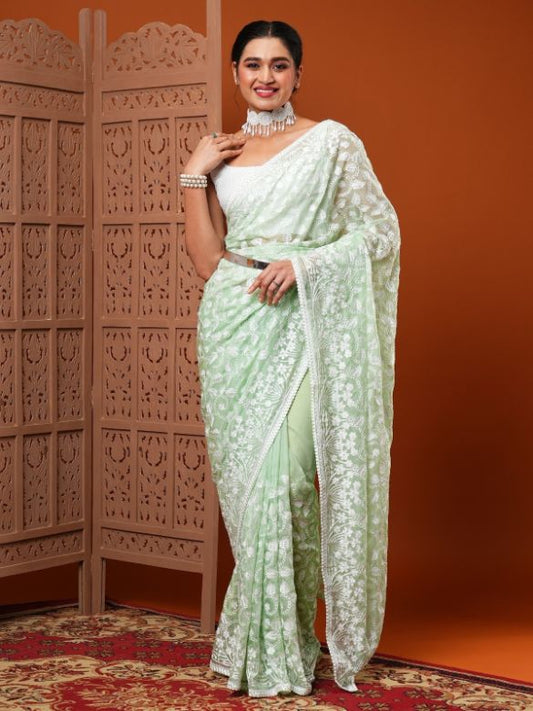 Light Green Embroidered Organza Silk Saree