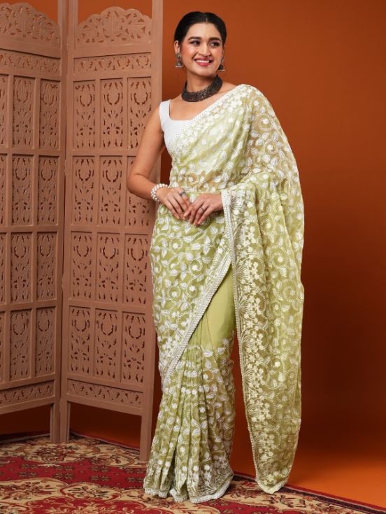 Olive Green Embroidered Organza Silk Saree